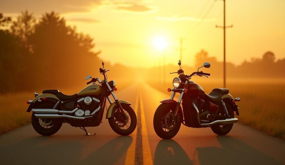 Twee retro motorfietsen bij zonsopgang op landweg