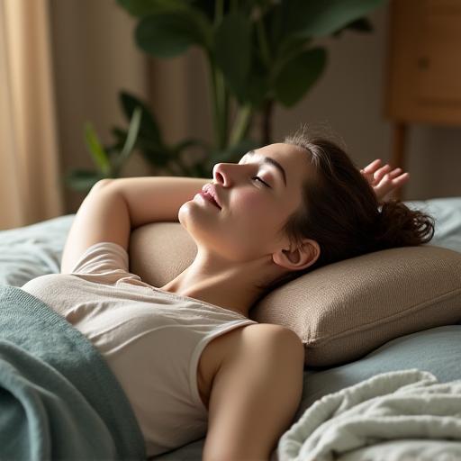A person relaxing in a restorative yoga pose with props